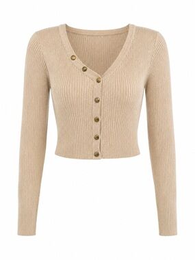 Ribbed V-Neck Crop Cardigan - Beige